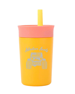 Yellow tumbler with pink lid and straw, featuring an off-road vehicle graphic and 'Adventure Awaits' text on a white background.