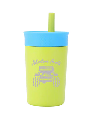 Green tumbler with blue rim and straw lid on a white background