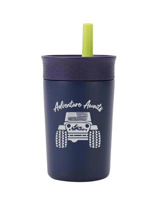 Navy blue tumbler with 'Adventure Awaits' text and off-road vehicle graphic on a white background