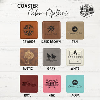 Coaster color options with brand logo on a white background