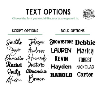 Text engraving options with script and bold styles on a white background.