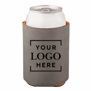 A gray vegan leather can cooler with a can, featuring a placeholder text 'YOUR LOGO HERE' for customization.