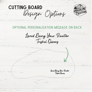 Cutting board design options with personalized message on a white background