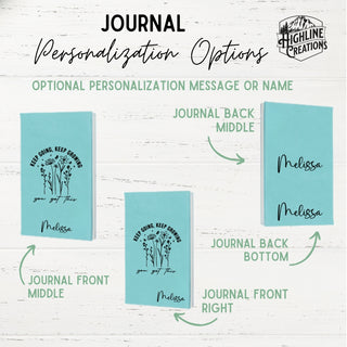 Teal journals with text and branding on a white background