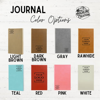 Color options for a journal with Highline Creations branding on a white wooden background.