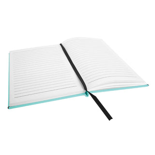 Open notebook with a black strap on a white background
