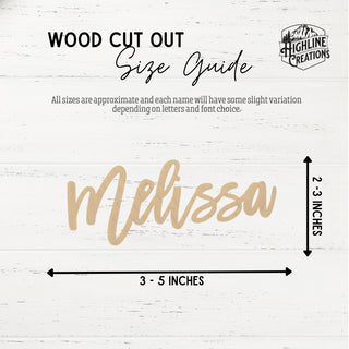 Wood cutout size guide with 'Melissa' text and dimensions on a white background