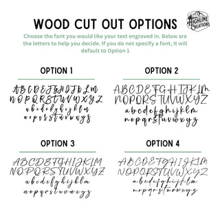 Wood cutout options for text engraving with different font styles.
